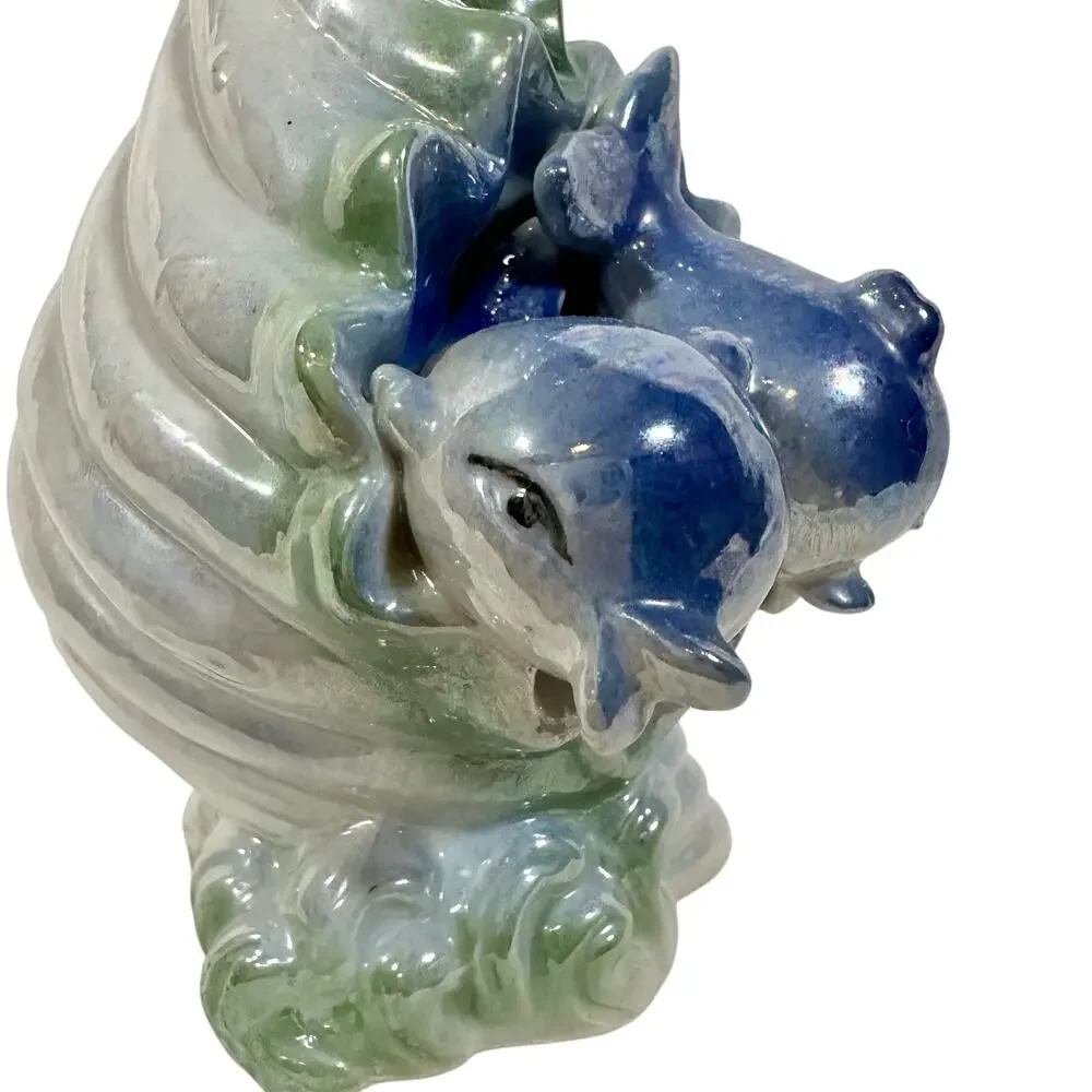 VTG Ceramic Iridescent Blue Sea Ocean Wave 2 Dolphins Scallop Shell Bud Vase